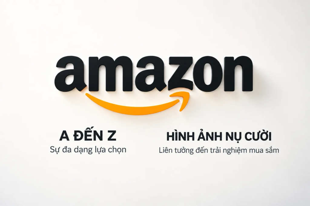 Logo Amazon với mũi tên nối từ A đến Z, được chú thích để giải thích sự lựa chọn và hình ảnh nụ cười.