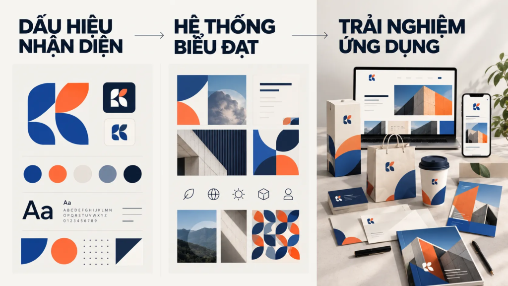 Sơ đồ ba cấp độ gồm dấu hiệu nhận diện, hệ thống biểu đạt và trải nghiệm ứng dụng trên các điểm tiếp xúc.