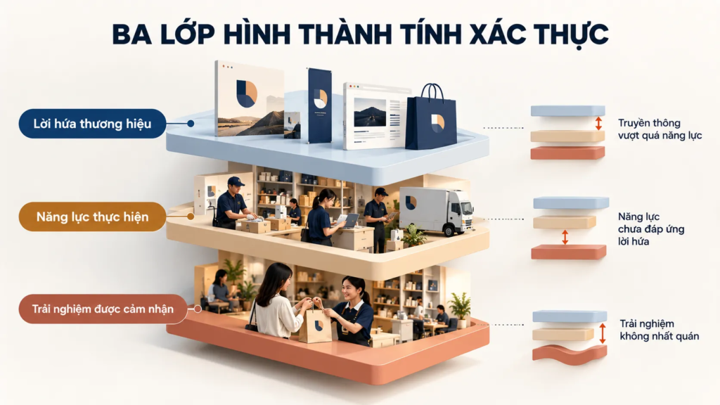 Sơ đồ thể hiện mối quan hệ giữa lời hứa thương hiệu, năng lực thực hiện và trải nghiệm khách hàng.