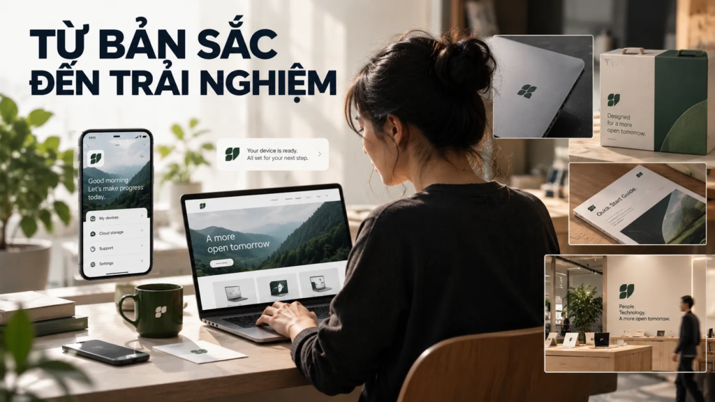 Người dùng tương tác với sản phẩm công nghệ và giao diện, minh họa vai trò của trải nghiệm trong nhận thức thương hiệu.