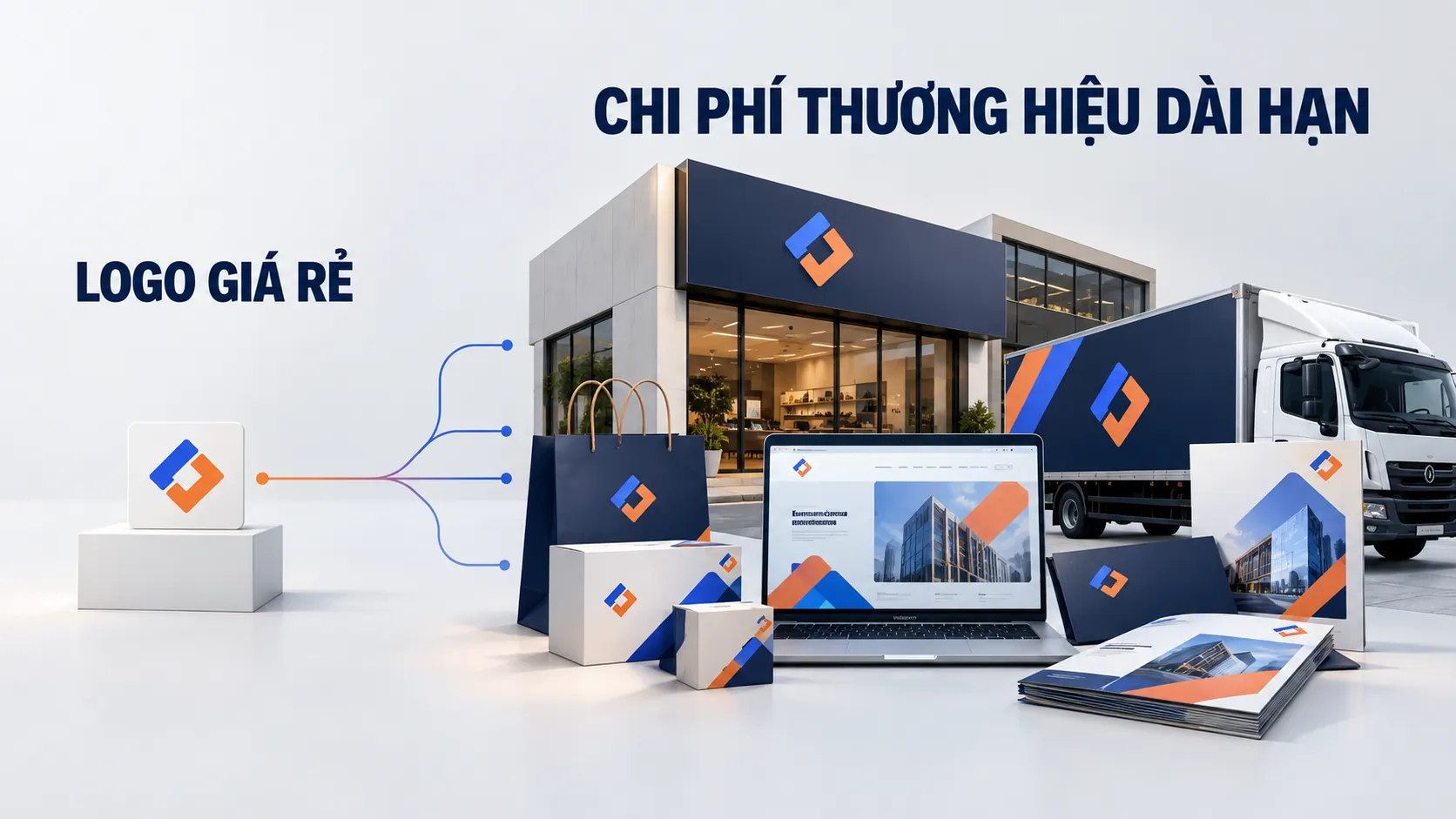 Minh họa một logo đơn lẻ và nhiều ứng dụng nhận diện thương hiệu, thể hiện sự khác biệt về phạm vi đầu tư.