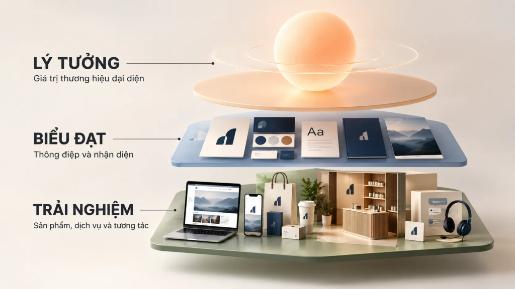 Sơ đồ liên kết lý tưởng, hệ thống biểu đạt và trải nghiệm qua website, bao bì, không gian và dịch vụ.