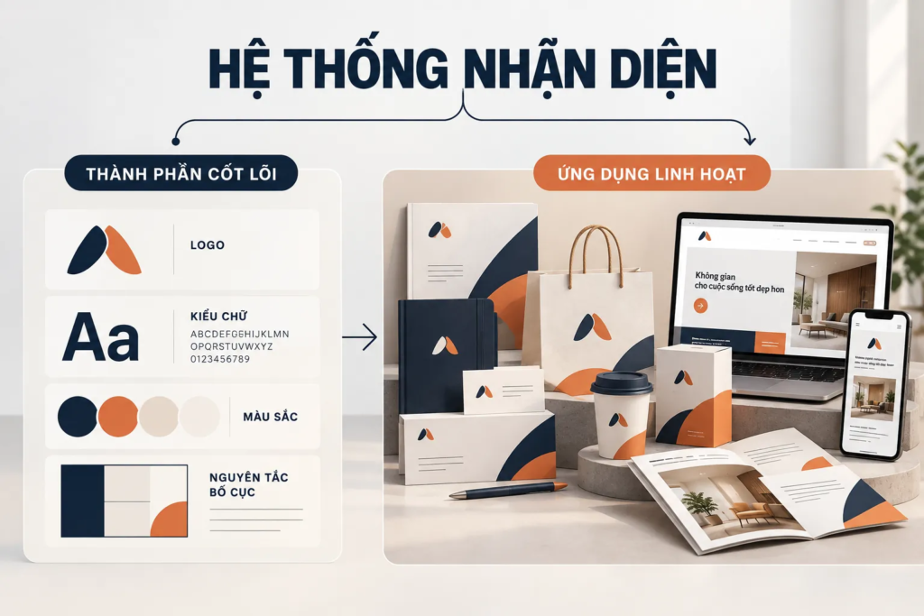 Sơ đồ các thành phần nhận diện cốt lõi và những ứng dụng được phát triển từ cùng một hệ thống thiết kế.