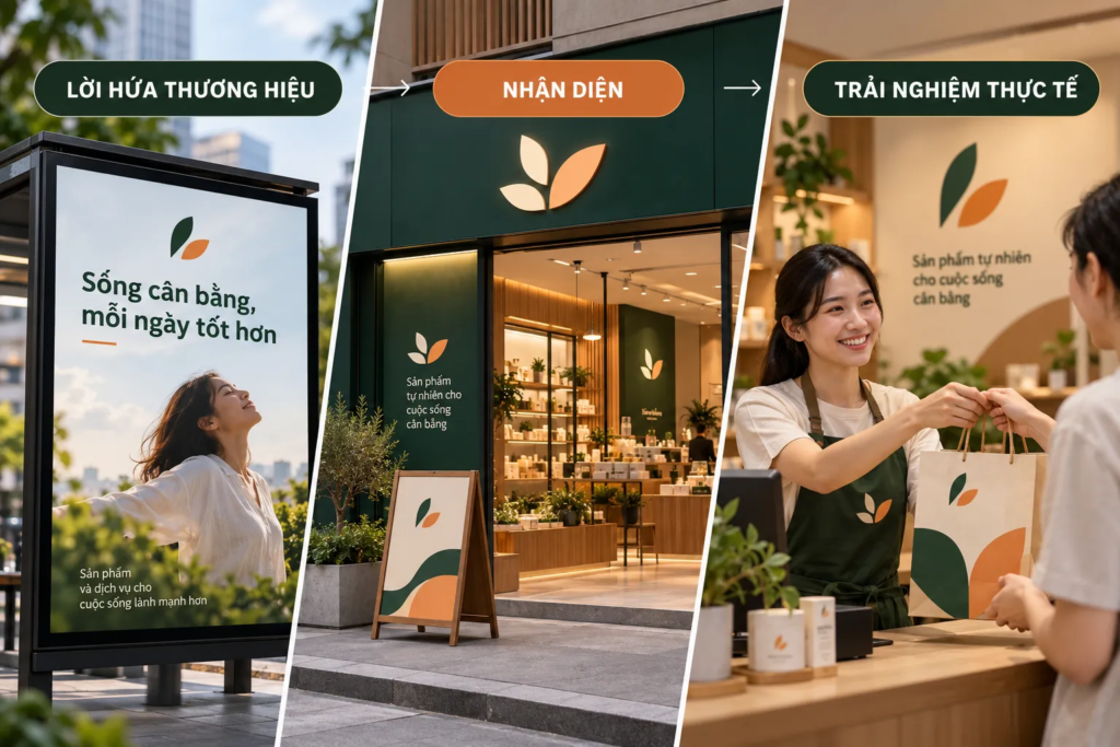 Minh họa mối quan hệ giữa thông điệp quảng cáo, nhận diện tại cửa hàng và trải nghiệm khách hàng.