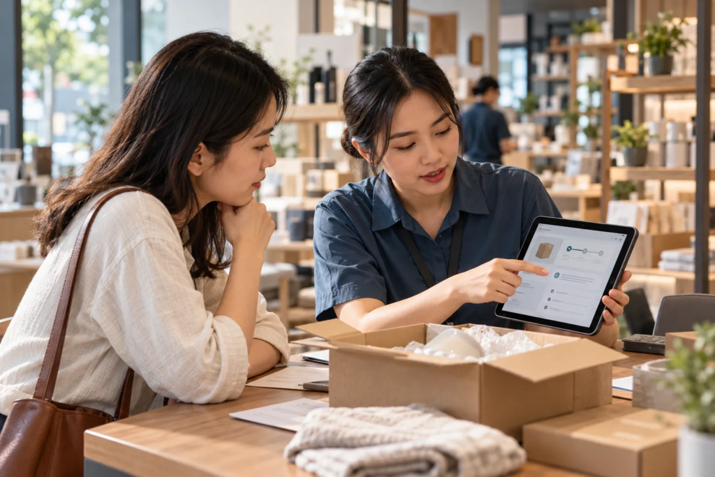 Nhân viên trao đổi trực tiếp với khách hàng về sự cố đơn hàng và phương án khắc phục tại quầy dịch vụ.