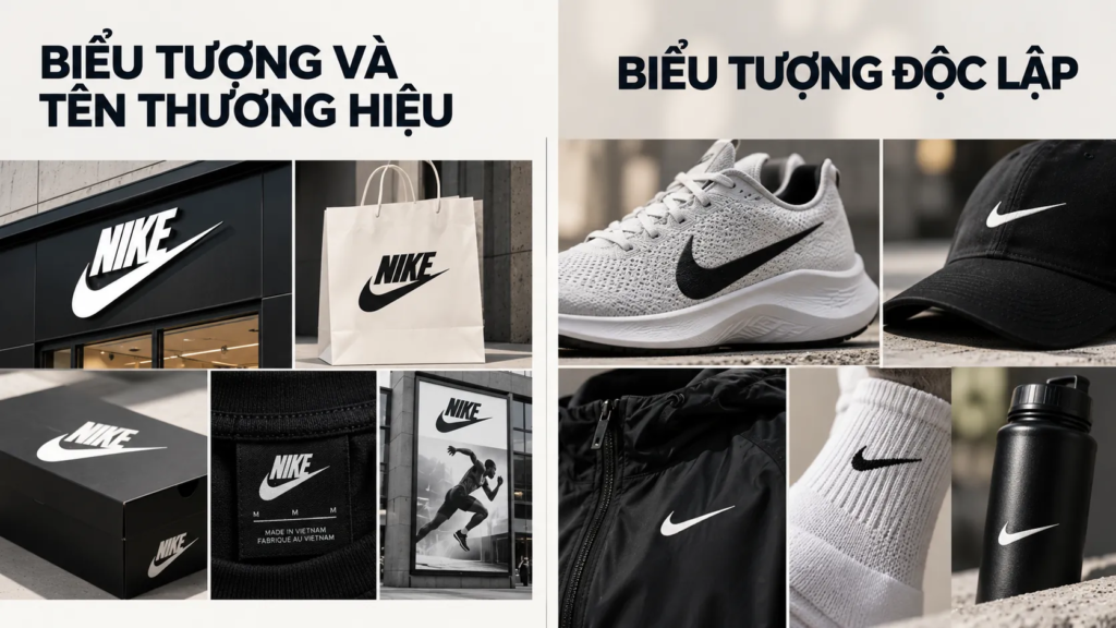 So sánh nhận diện Nike có tên thương hiệu với cách sử dụng độc lập biểu tượng Swoosh trên sản phẩm.
