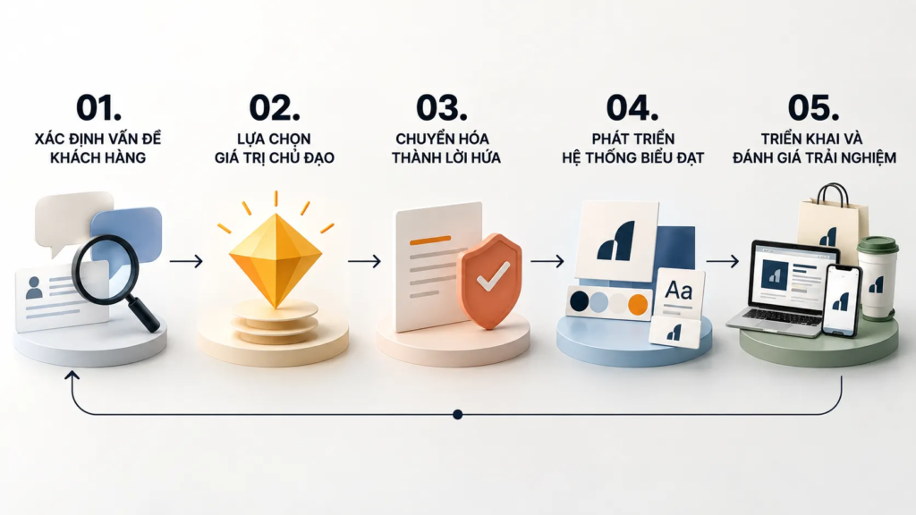 Sơ đồ năm giai đoạn từ xác định nhu cầu khách hàng đến phát triển nhận diện và đánh giá trải nghiệm.