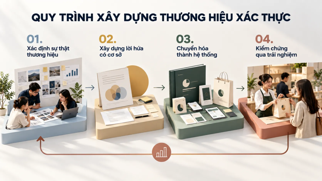Sơ đồ bốn giai đoạn xây dựng thương hiệu xác thực, từ xác định bản sắc đến kiểm chứng trải nghiệm và điều chỉnh.