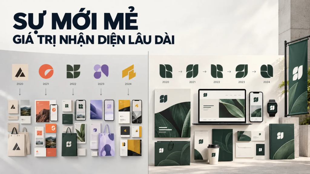 So sánh hai hướng phát triển nhận diện: liên tục thay đổi logo và duy trì biểu tượng qua nhiều giai đoạn.