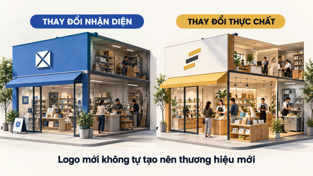 So sánh việc chỉ thiết kế lại logo với quá trình thay đổi đồng thời nhận diện, sản phẩm và trải nghiệm khách hàng.
