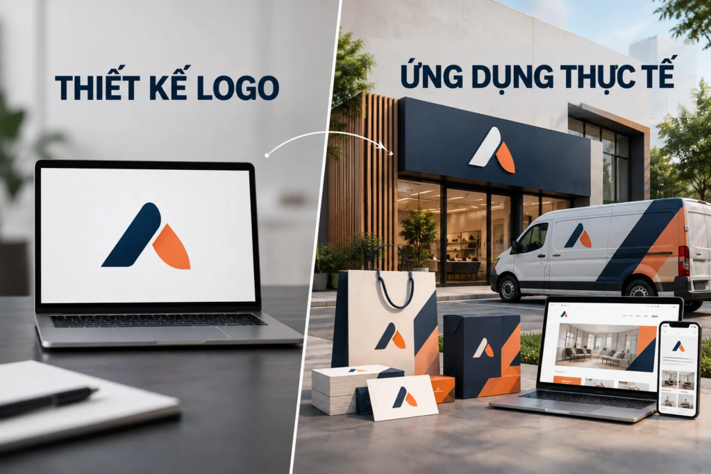 Minh họa logo trên màn hình thiết kế và các ứng dụng thực tế gồm biển hiệu, danh thiếp, bao bì và website.