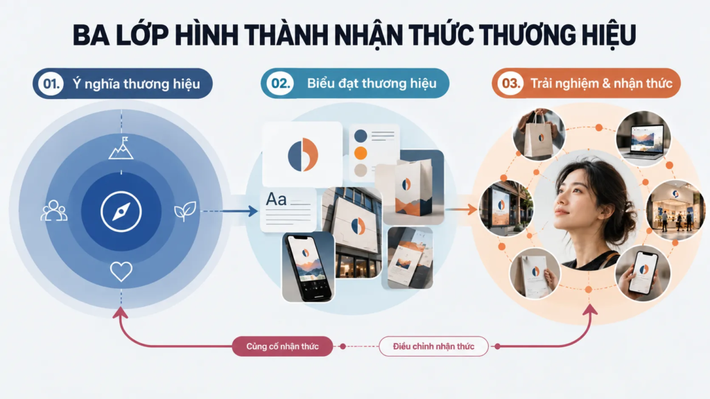 Sơ đồ ba lớp liên kết ý nghĩa thương hiệu, hệ thống biểu đạt và trải nghiệm thực tế trong nhận thức khách hàng.