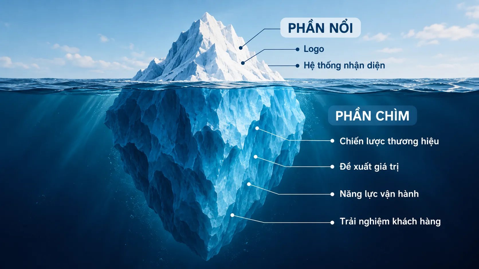 Tảng băng trôi minh họa logo và nhận diện ở phần nổi, chiến lược và trải nghiệm thương hiệu ở phần chìm.