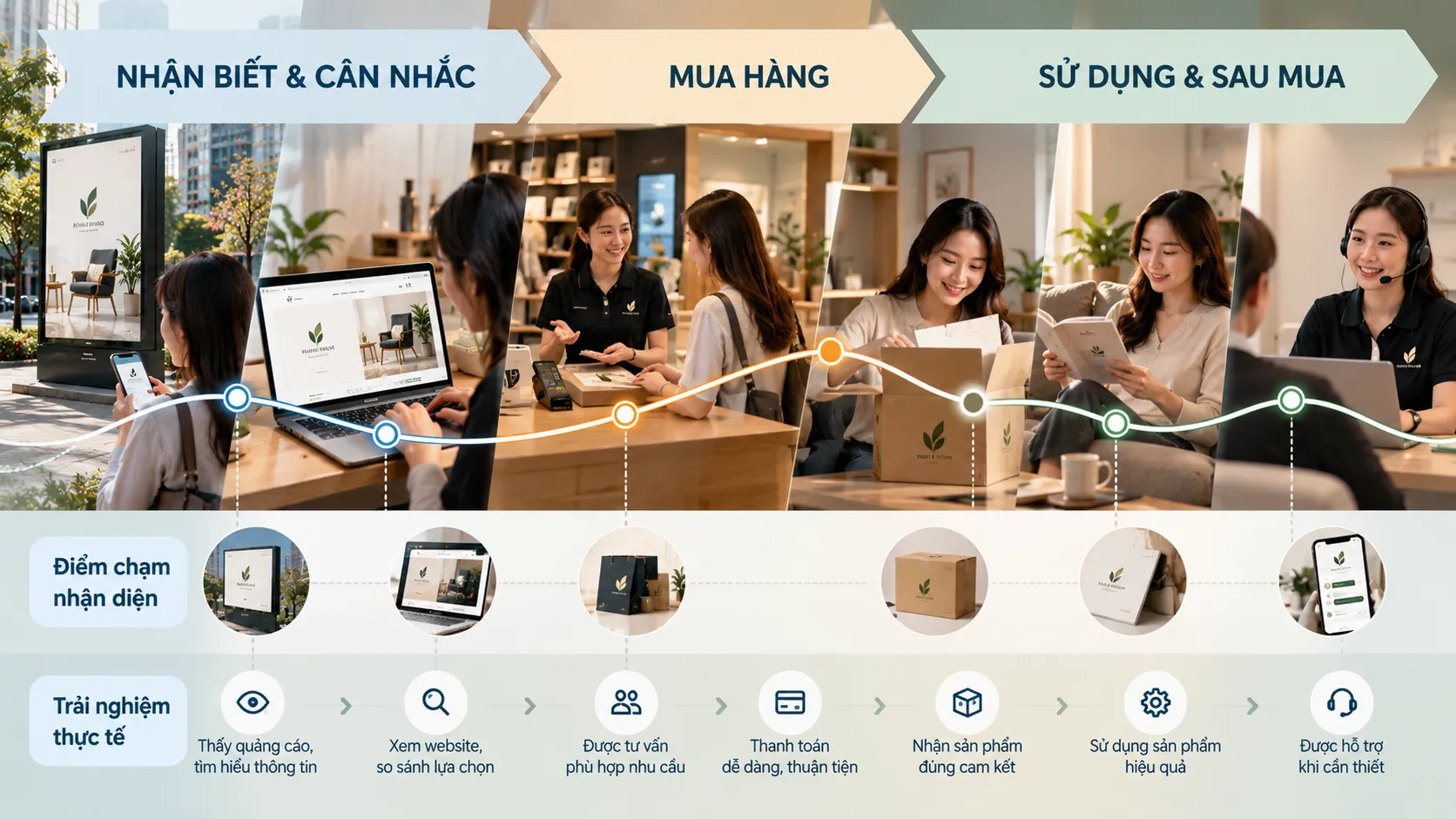 Sơ đồ hành trình khách hàng qua quảng cáo, website, mua hàng, sử dụng sản phẩm và chăm sóc sau mua.