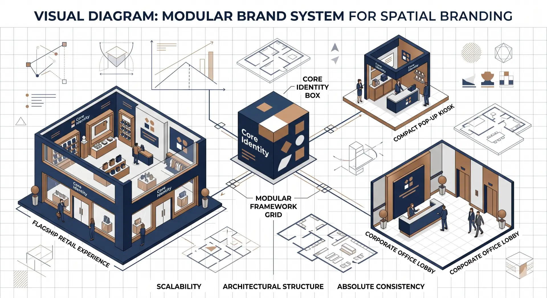 Cấu trúc nền tảng của hệ thống nhận diện thương hiệu linh hoạt theo không gian (Modular Brand System).