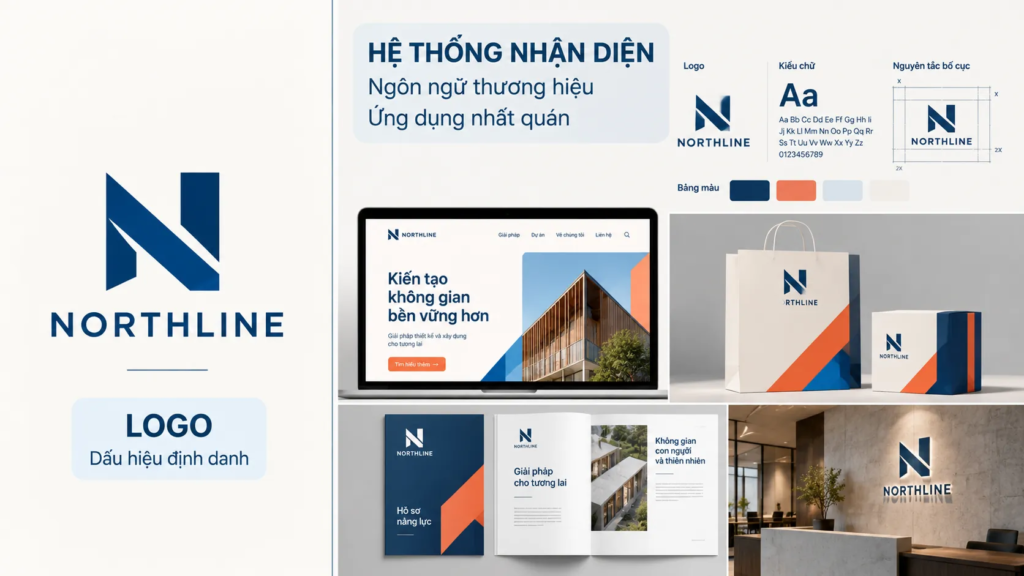 Hình so sánh logo riêng lẻ với hệ thống nhận diện ứng dụng trên website, bao bì, tài liệu và không gian.