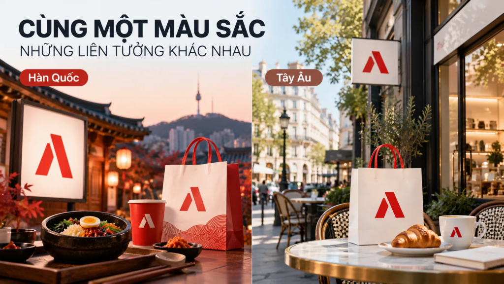 So sánh cùng một logo màu đỏ giả định trong bối cảnh Hàn Quốc và Tây Âu nhằm minh họa vai trò của văn hóa.