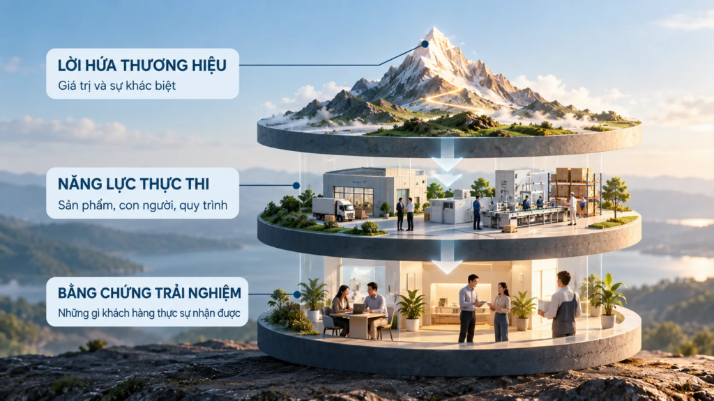 Sơ đồ ba lớp liên kết lời hứa thương hiệu, năng lực thực thi và bằng chứng trải nghiệm khách hàng.