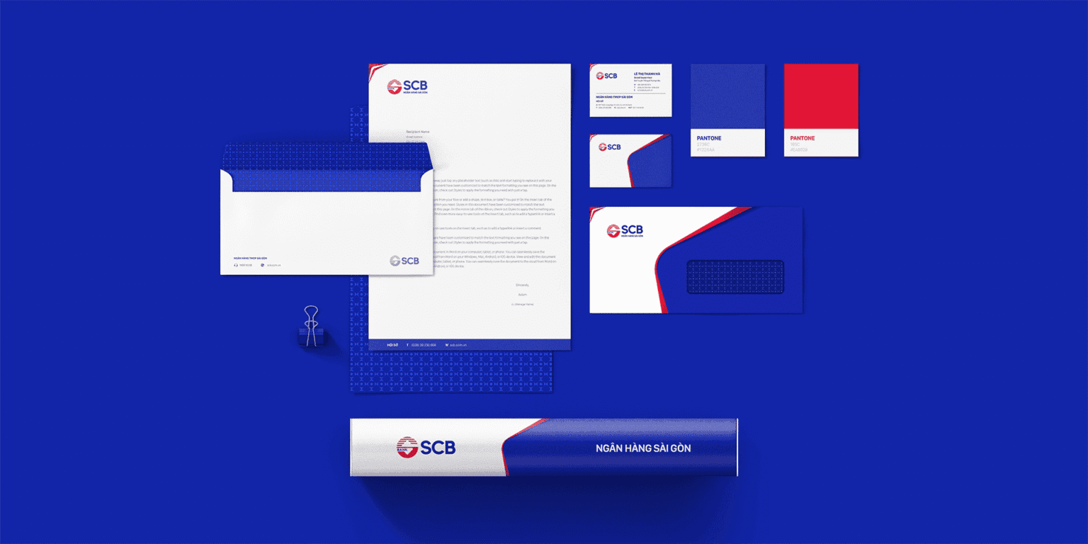 SCB letterhead, envelope and business card