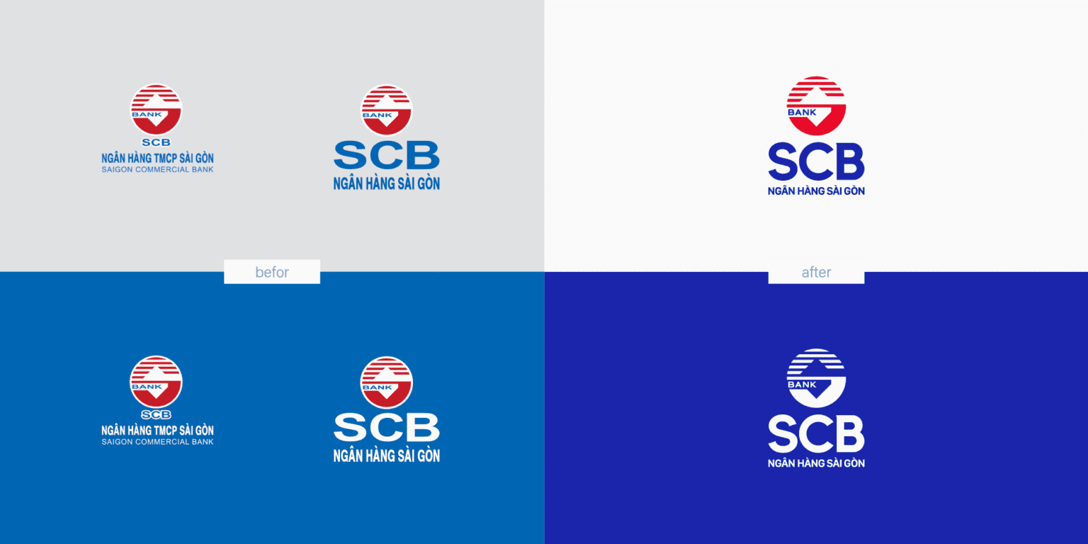 The SCB logo before and after the renewal, vertical version