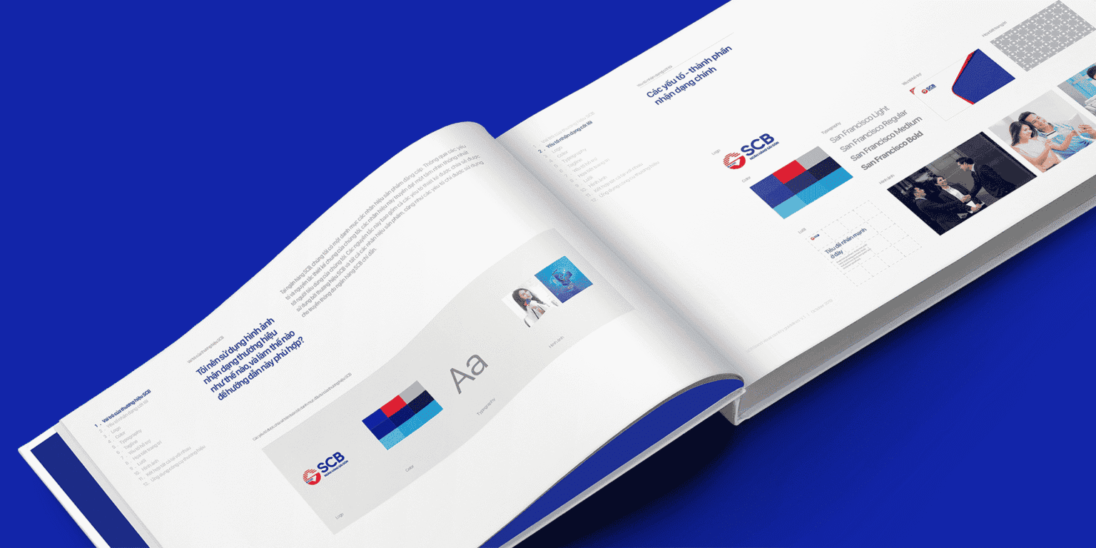 Trang ứng dụng nhận diện trong brand guideline SCB