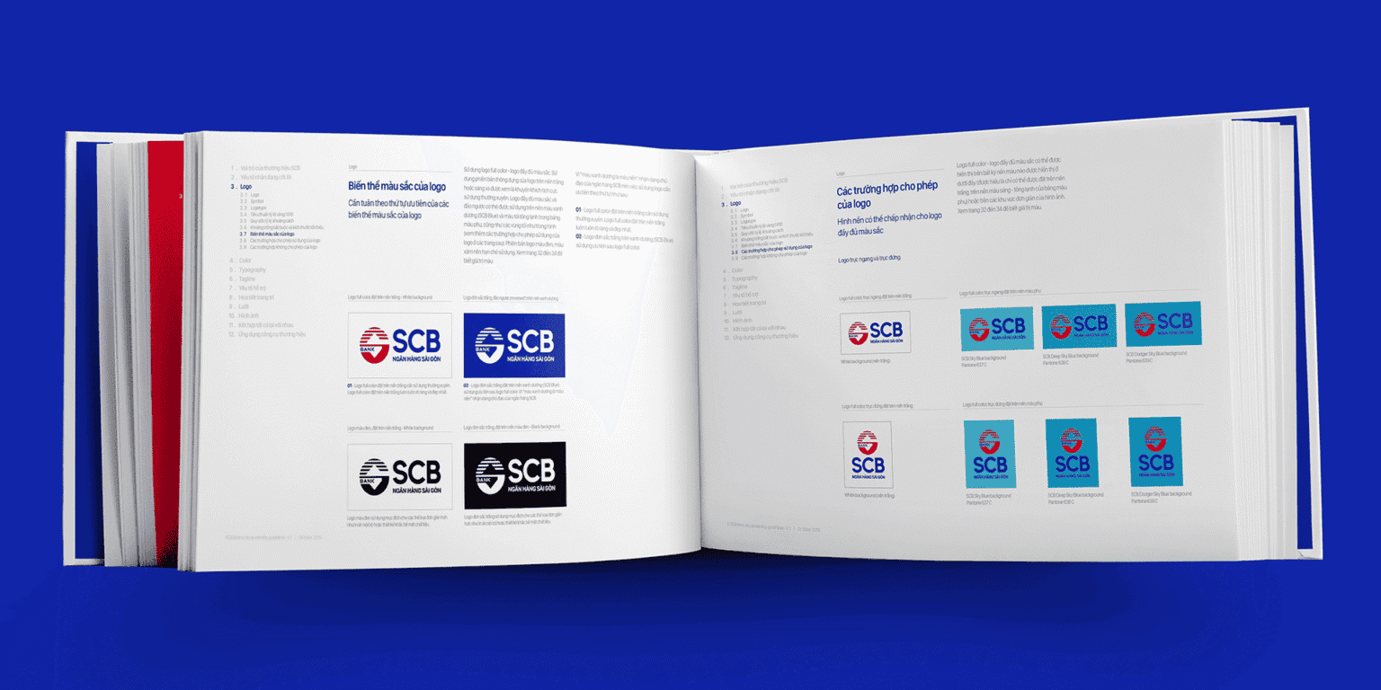 SCB Brand Guidelines, logo on backgrounds page