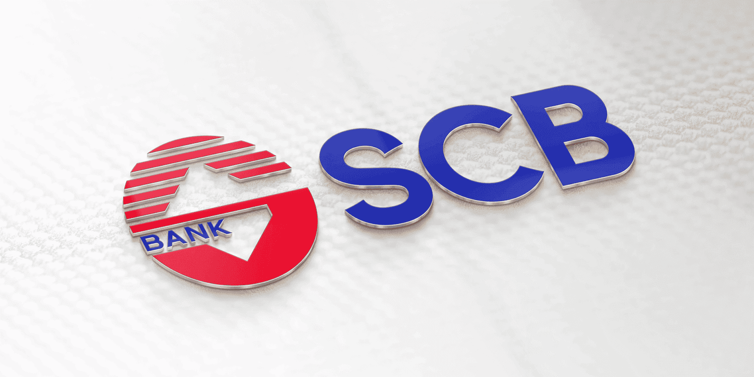 The SCB logo embossed on paper