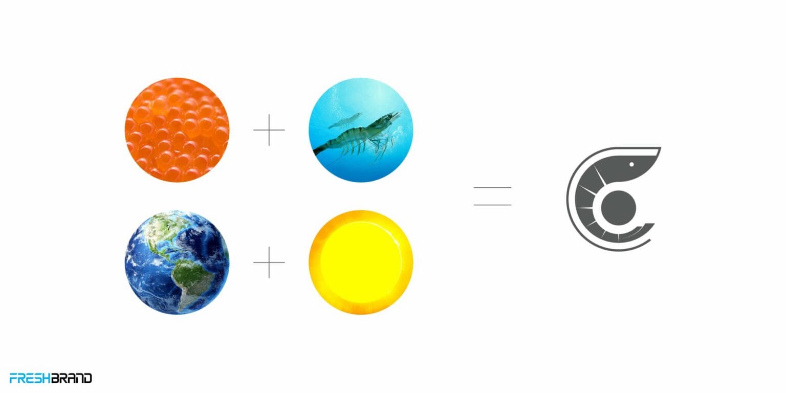 Shrimp eggs, a shrimp, the earth and the sun joined into the CAMIMEX symbol