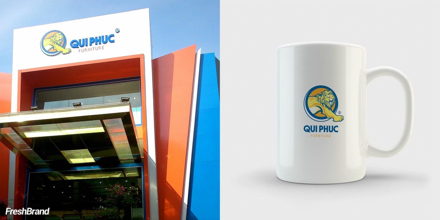 Building signage and cups printed with the Qui Phuc logo