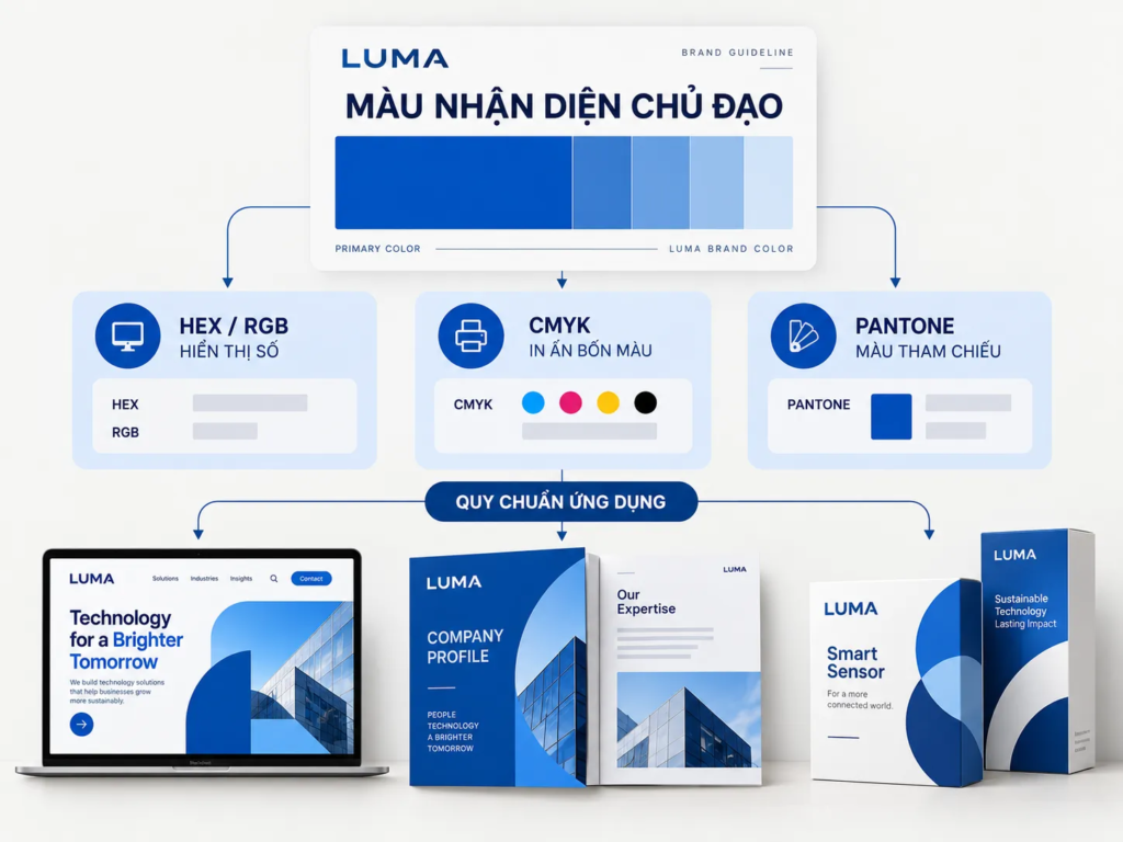 Sơ đồ liên kết màu nhận diện với các hệ HEX, RGB, CMYK, Pantone và ứng dụng trên nền tảng số, tài liệu in, bao bì.
