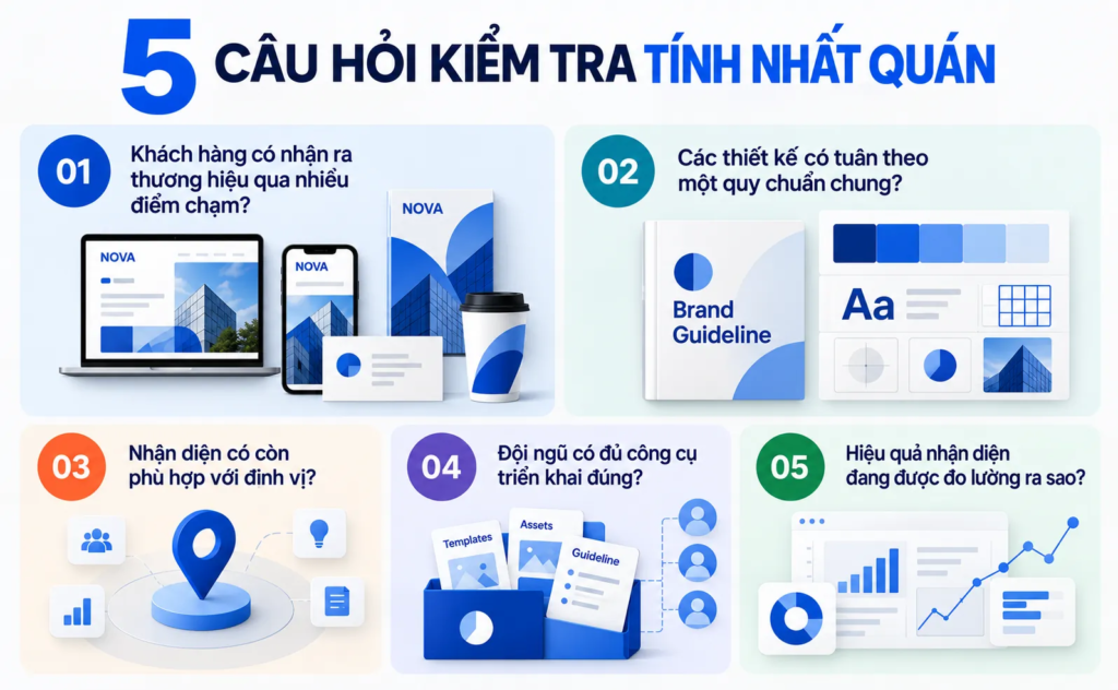 Bảng năm câu hỏi đánh giá tính nhất quán thương hiệu về nhận biết, quy chuẩn, định vị, triển khai và đo lường.