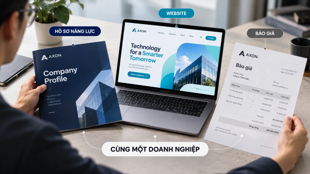 Ba điểm chạm của một doanh nghiệp công nghệ giả định có màu sắc và bố cục khác nhau, gây thiếu liên kết nhận diện.