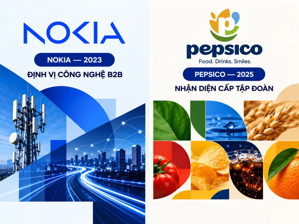 Đối chiếu thay đổi nhận diện Nokia năm 2023 và PepsiCo năm 2025 trong hai bối cảnh chiến lược doanh nghiệp khác nhau.