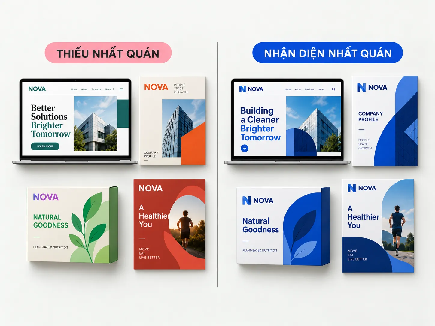 So sánh các điểm chạm thương hiệu giả định với màu sắc, kiểu chữ và bố cục thiếu đồng bộ và nhất quán.