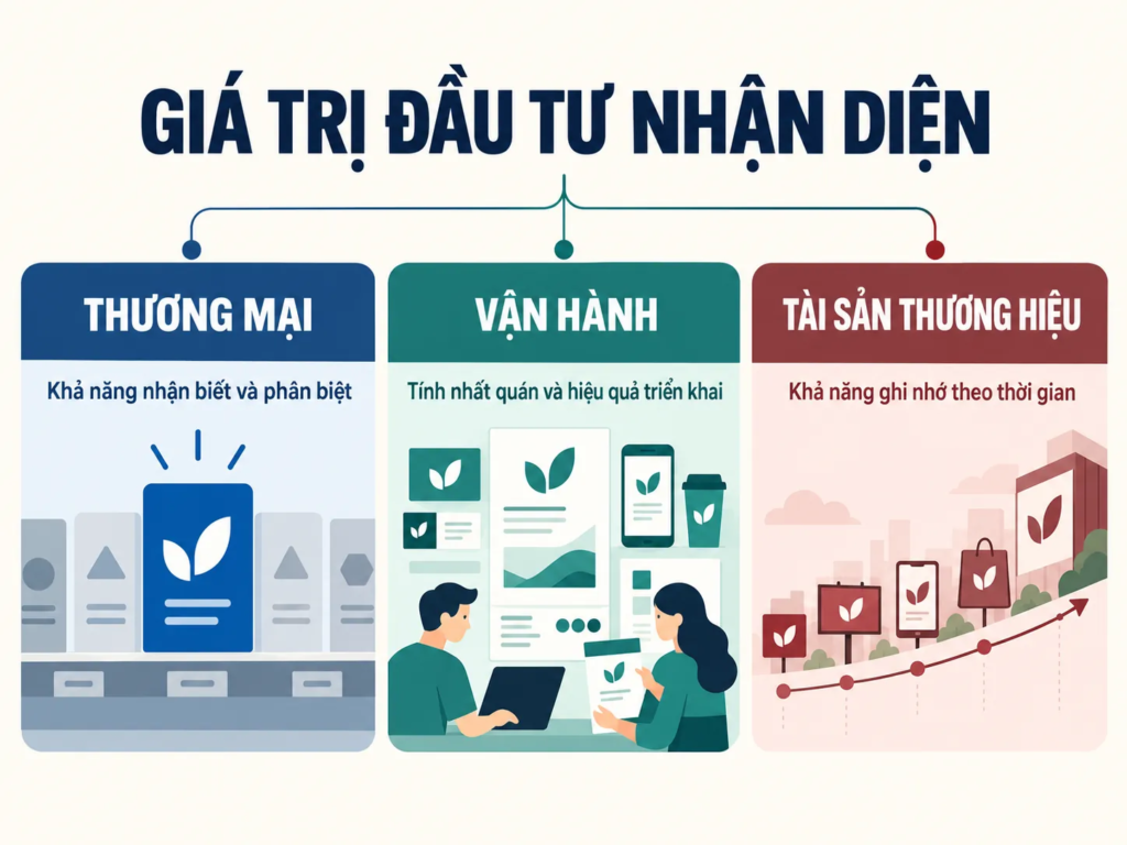 Sơ đồ ba nhóm giá trị đầu tư nhận diện gồm thương mại, vận hành và tài sản thương hiệu cùng các mục tiêu đánh giá.