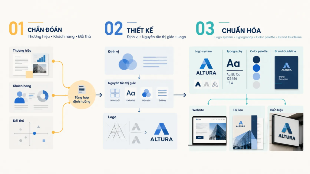 Sơ đồ ba giai đoạn chẩn đoán thương hiệu, thiết kế logo và chuẩn hóa hệ thống nhận diện trên các điểm chạm.
