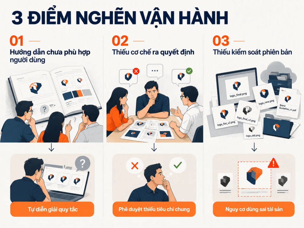 Sơ đồ ba vấn đề gồm hướng dẫn khó áp dụng, thiếu cơ chế phê duyệt và không kiểm soát phiên bản.