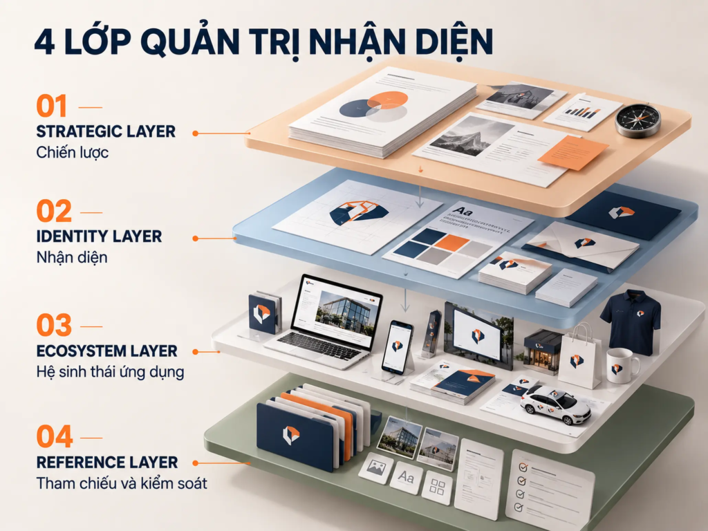 Sơ đồ bốn lớp gồm chiến lược, nhận diện, hệ sinh thái ứng dụng và tham chiếu kỹ thuật.