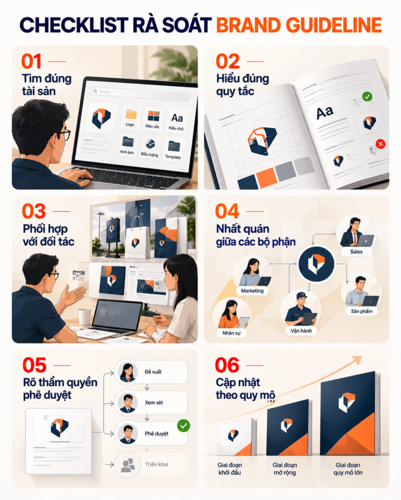 Checklist sáu tiêu chí đánh giá khả năng sử dụng và quản trị Brand Guideline trong doanh nghiệp.