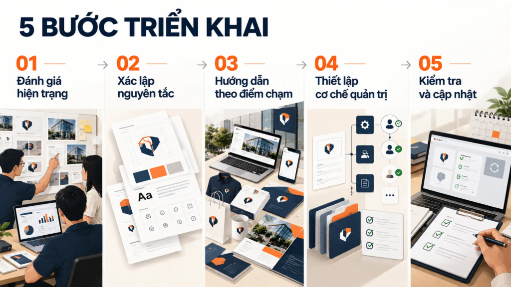 Quy trình năm bước từ đánh giá hiện trạng, xác lập nguyên tắc đến kiểm tra và cập nhật.