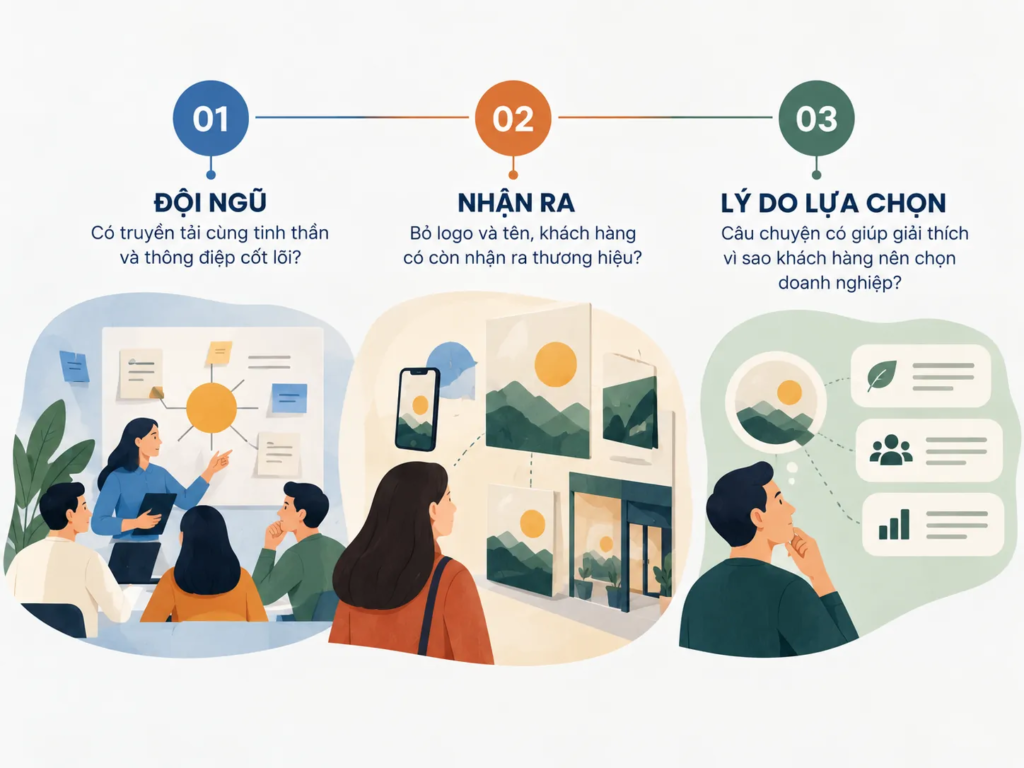 Framework ba câu hỏi đánh giá sự thống nhất, khả năng nhận ra và sức thuyết phục của câu chuyện thương hiệu.