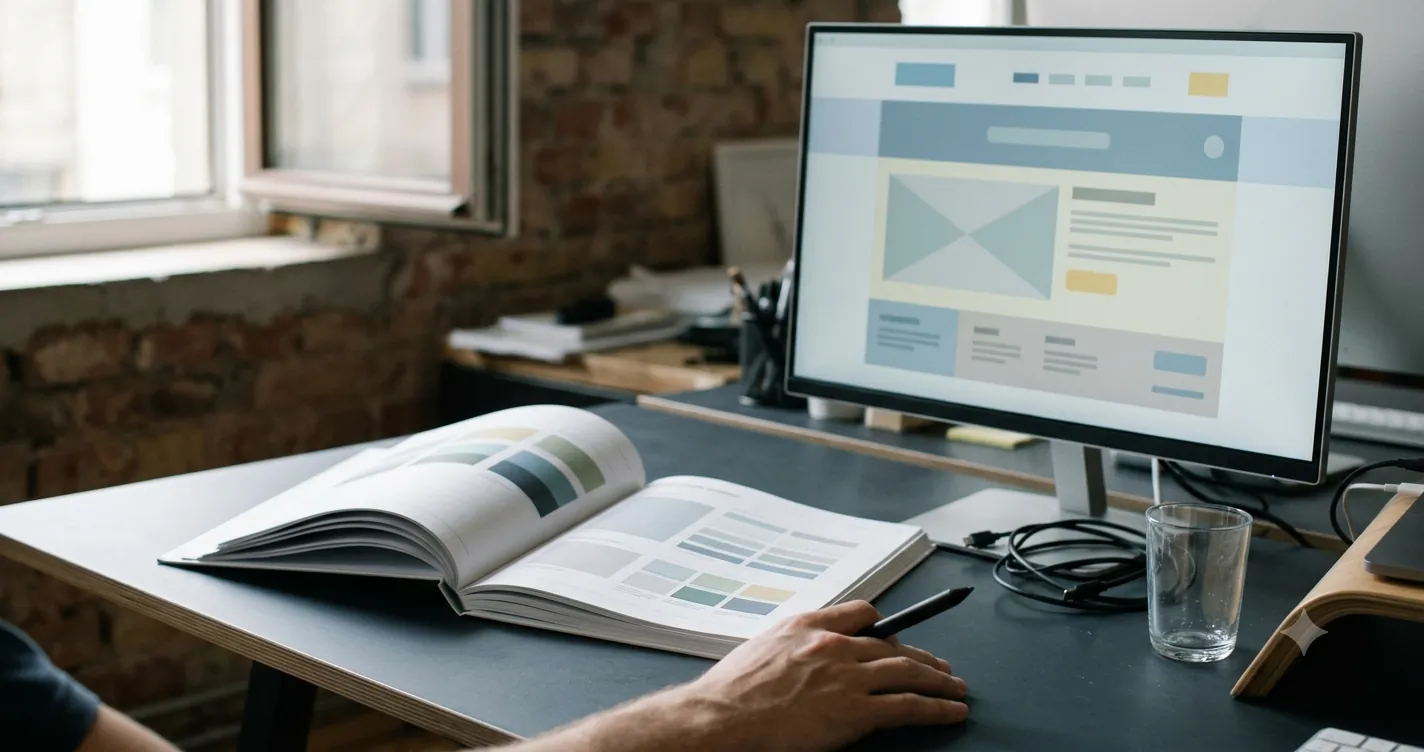 Tài liệu hướng dẫn thương hiệu đặt cạnh màn hình hiển thị cấu trúc website trên bàn làm việc.
