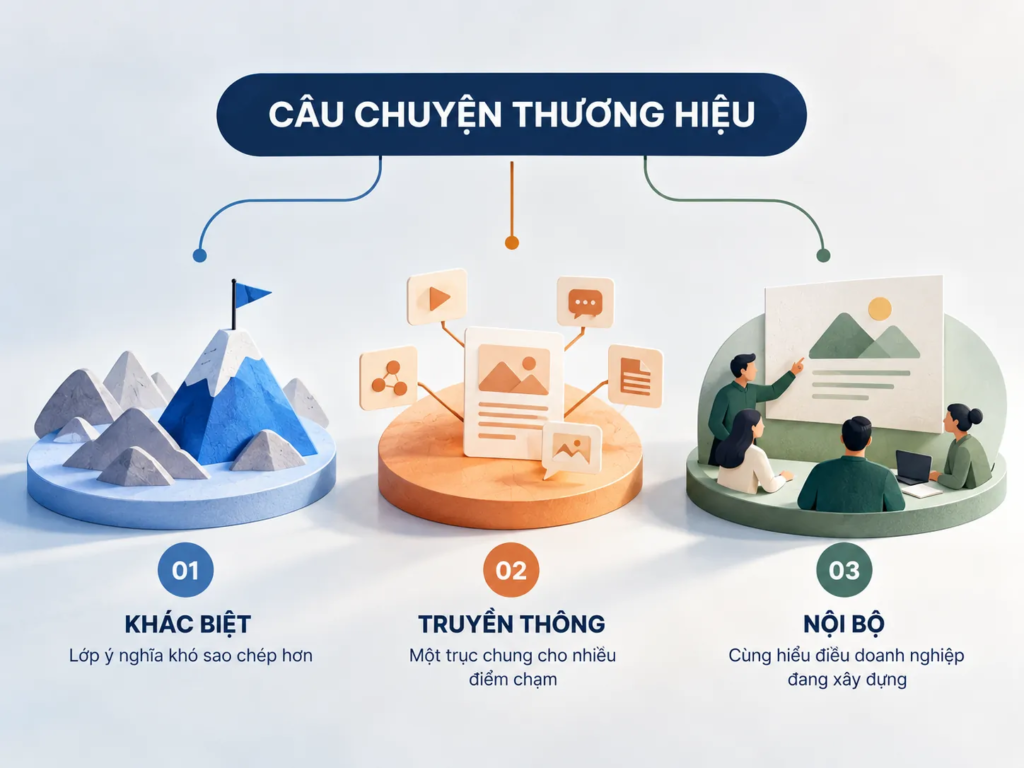 Sơ đồ ba giá trị của câu chuyện thương hiệu gồm khác biệt, nhất quán truyền thông và định hướng nội bộ.