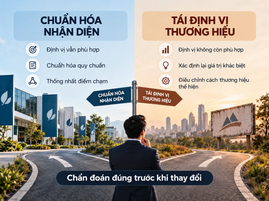 Bảng so sánh việc chuẩn hóa nhận diện khi định vị còn phù hợp với tái định vị khi chiến lược thương hiệu cần thay đổi.