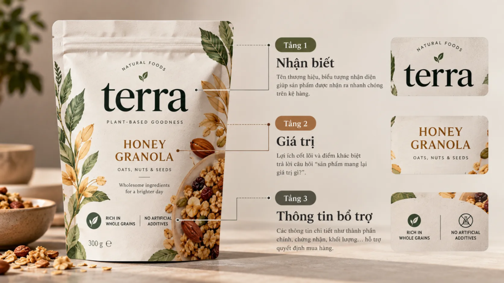 Sơ đồ ba tầng phân cấp thông tin trên mặt trước bao bì từ nhận biết đến thông tin bổ trợ.