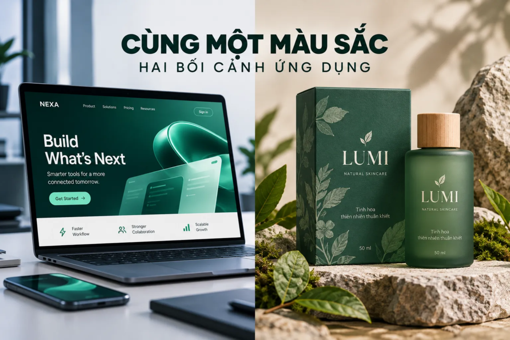So sánh cùng một màu chủ đạo trong giao diện công nghệ và bao bì sản phẩm để minh họa ảnh hưởng của bối cảnh.