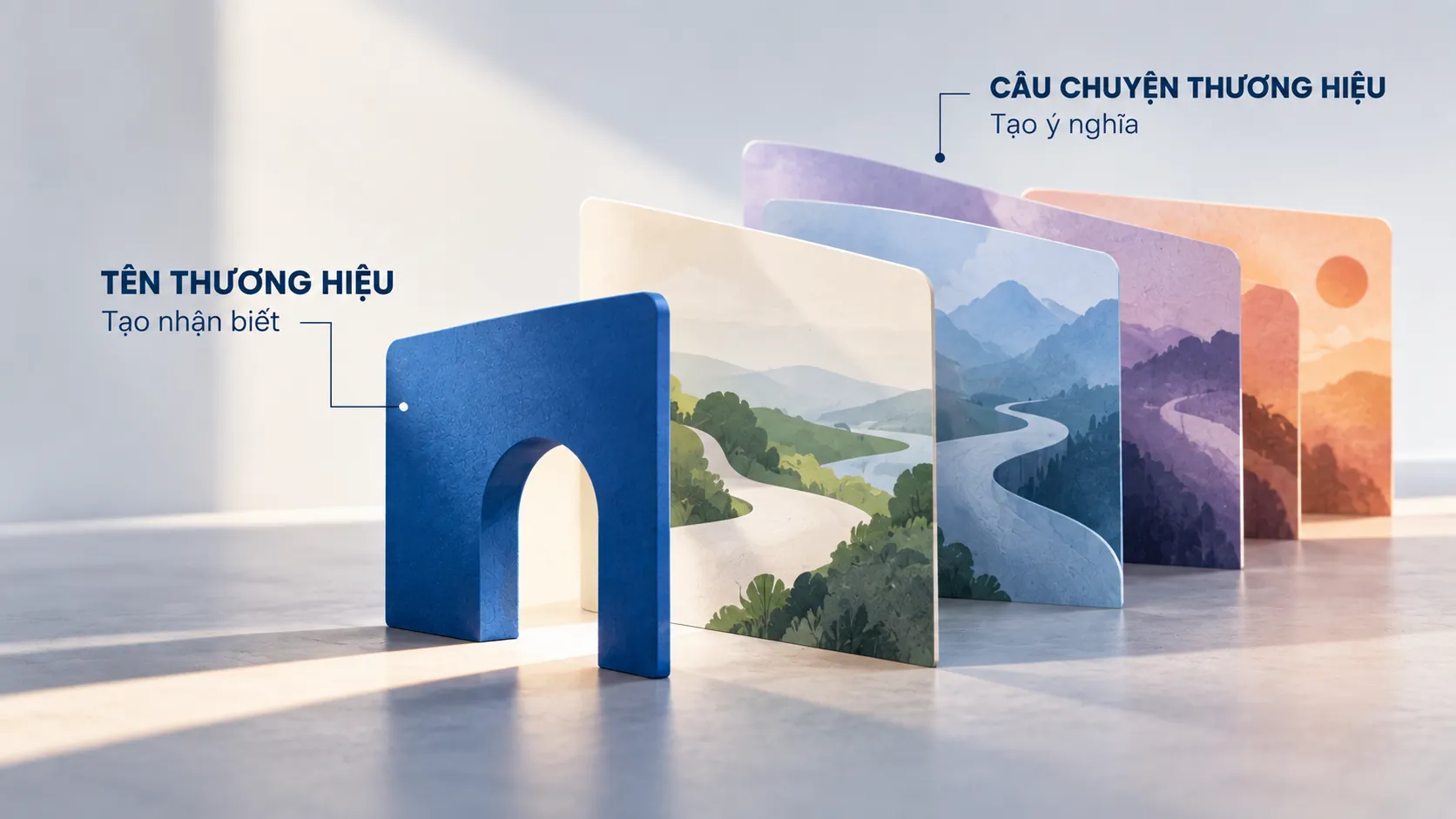 Minh họa tên thương hiệu là điểm nhận biết ban đầu và câu chuyện thương hiệu tạo lớp ý nghĩa phía sau.