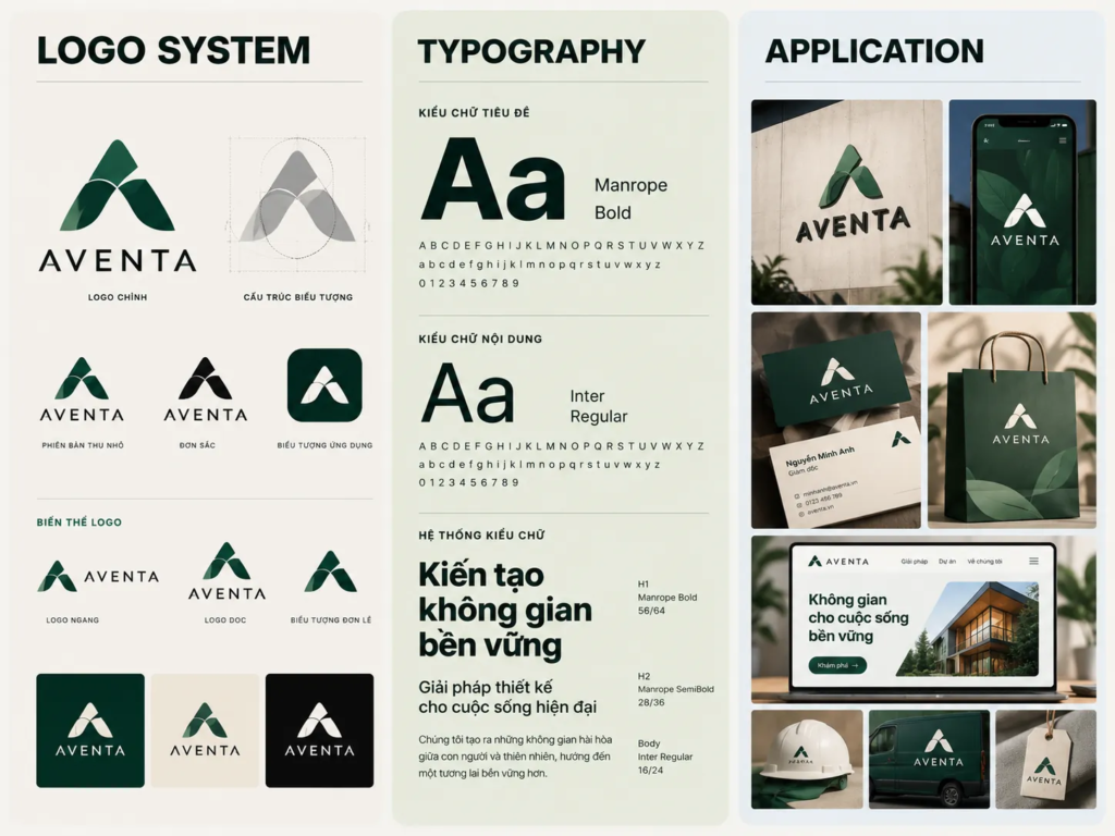 Minh họa cấu trúc logo, phiên bản thu nhỏ, phiên bản đơn sắc và hệ thống kiểu chữ tiêu đề, nội dung.