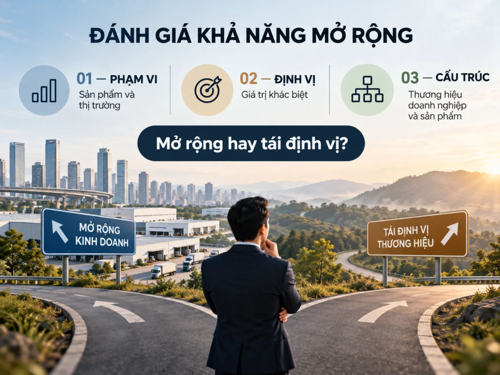 Sơ đồ ba tiêu chí đánh giá phạm vi, định vị và cấu trúc thương hiệu trước khi mở rộng kinh doanh.