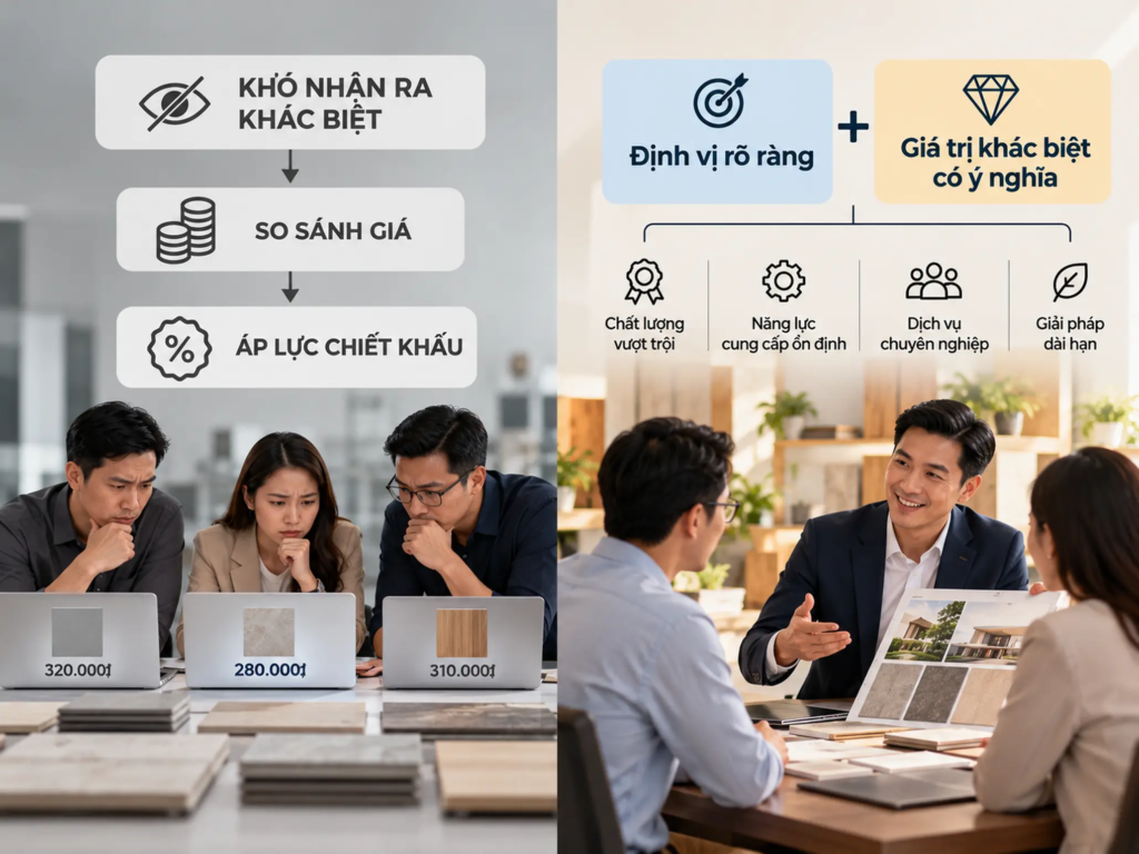 Sơ đồ liên hệ giữa khác biệt thương hiệu khó nhận biết, so sánh giá và áp lực chiết khấu.